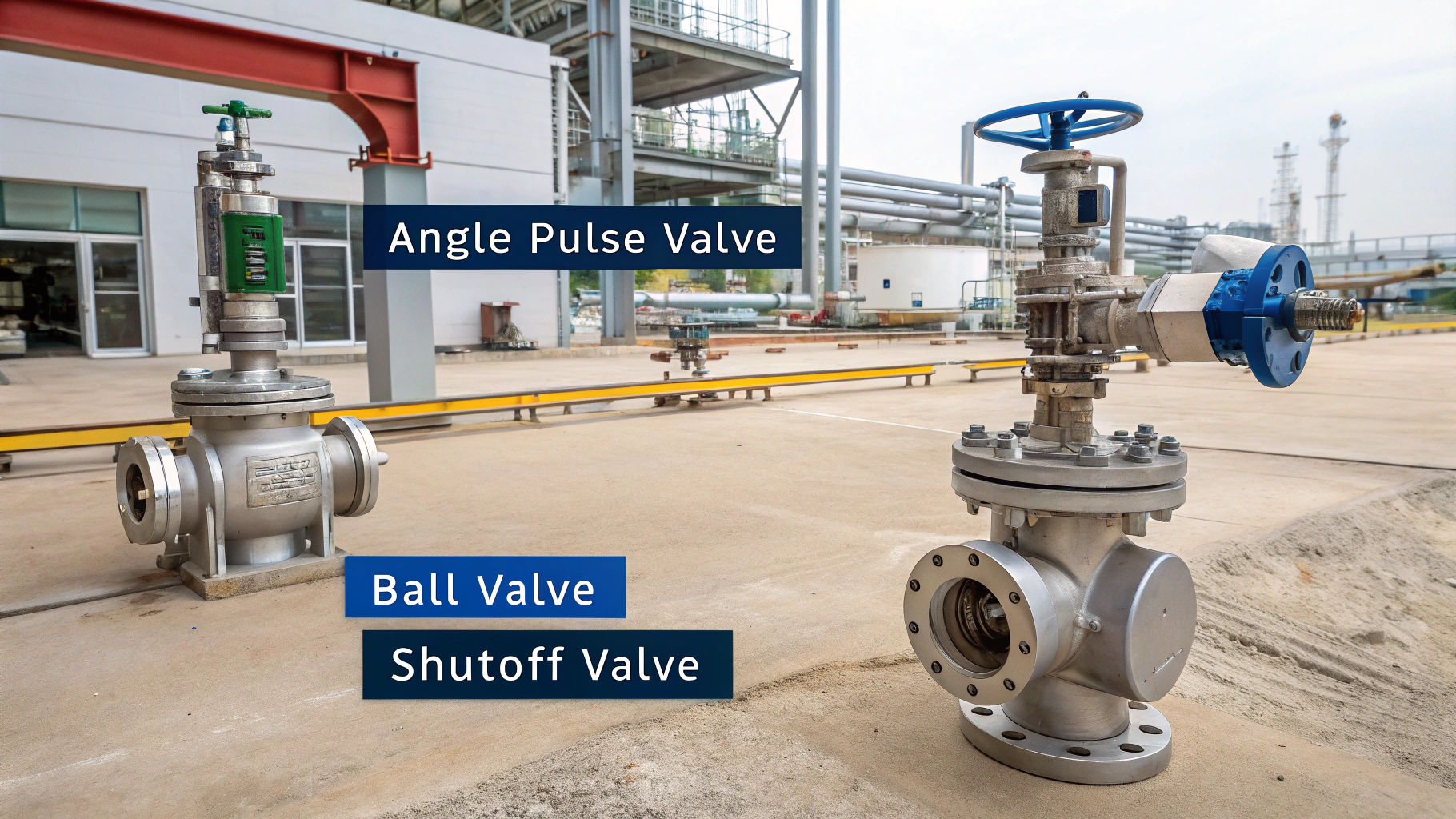 Industrial angle pulse, ball, and shutoff valves for fluid control in outdoor pipelines