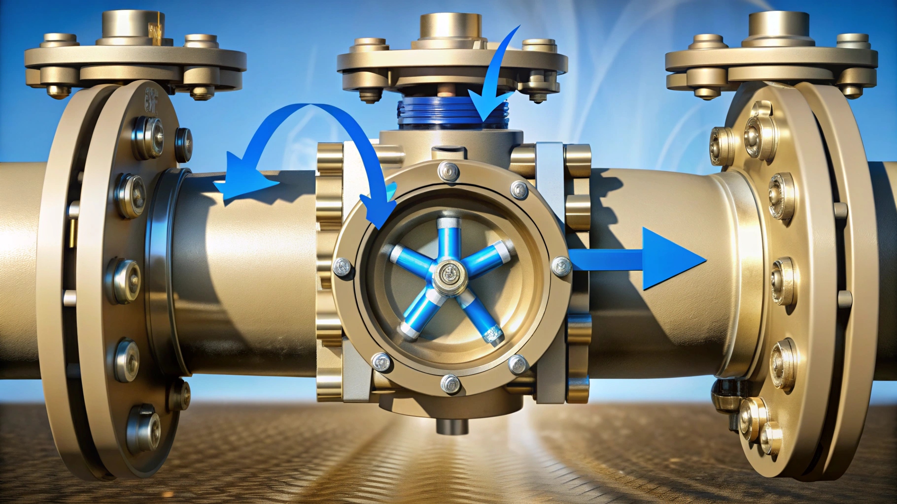 Industrial pipeline valve with flow arrows, illustrating fluid direction and internal mechanism